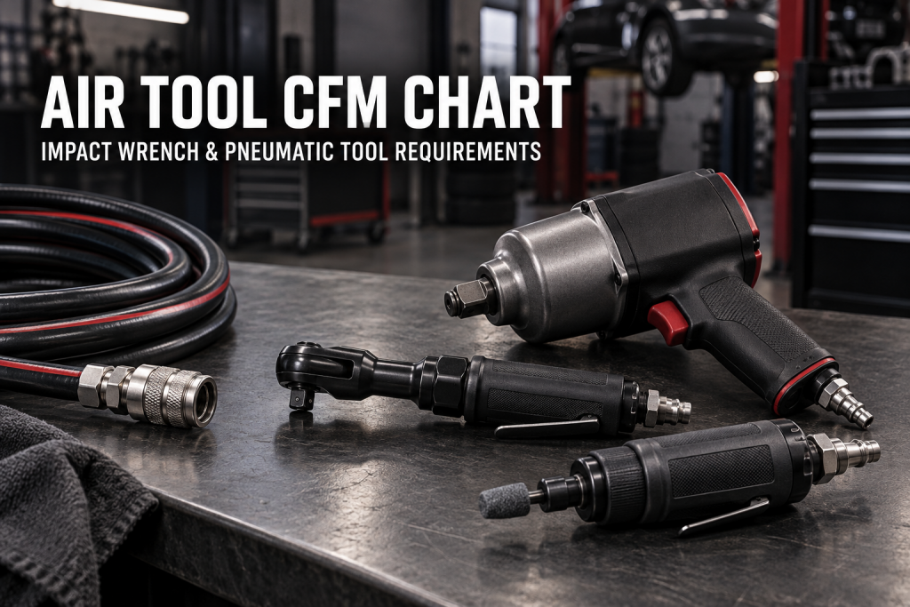 Pneumatic impact wrench, air ratchet, die grinder and air hose on a workshop bench.