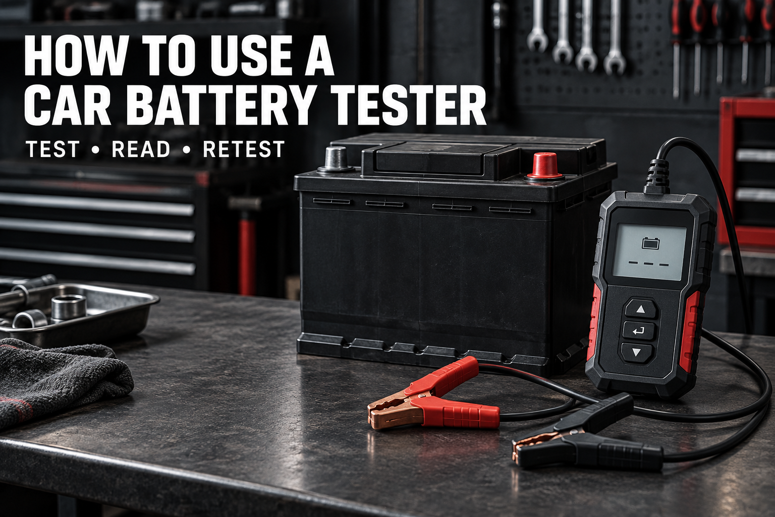 Car battery and digital battery tester with disconnected red and black clamps on a workshop bench.