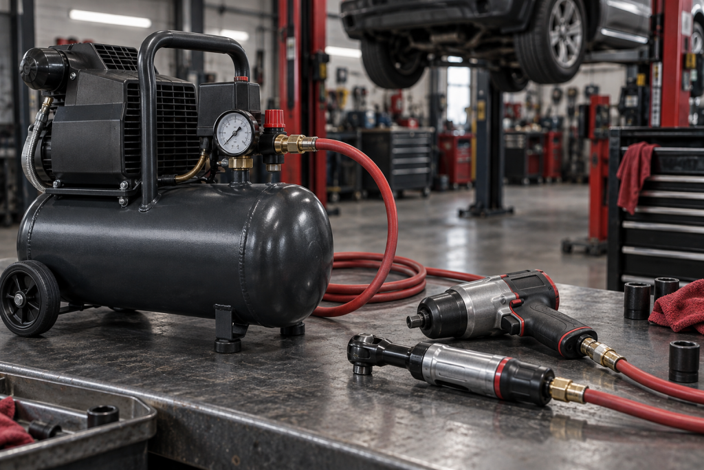 Portable air compressor with a hose, impact wrench and air ratchet in an automotive workshop.