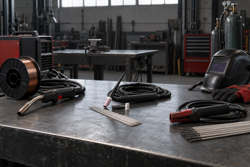 MIG, TIG and stick welding equipment arranged separately on a fabrication bench beside a welding helmet and gloves.