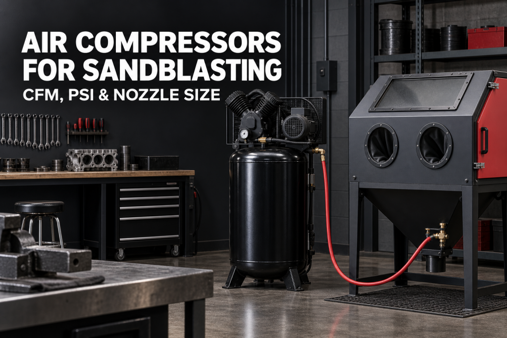 Stationary air compressor and enclosed abrasive blasting cabinet in a workshop.
