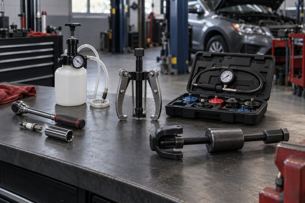 Specialty automotive service tools, including a brake bleeder, puller and spark-plug socket, arranged on a workshop bench.
