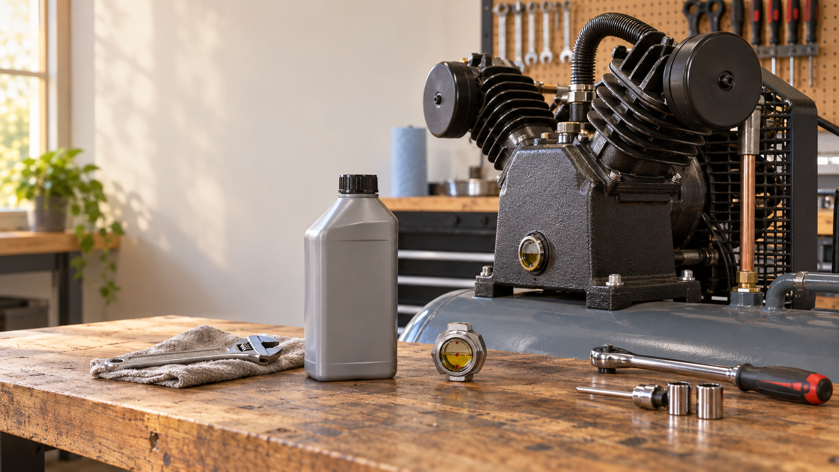 Air compressor pump and unbranded lubricant bottle on a workshop bench