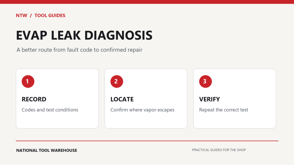 EVAP diagnosis workflow: record fault information, locate the leak and verify the repair.