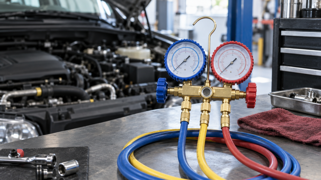 Blue and red automotive A/C manifold gauges and hoses on a workshop bench