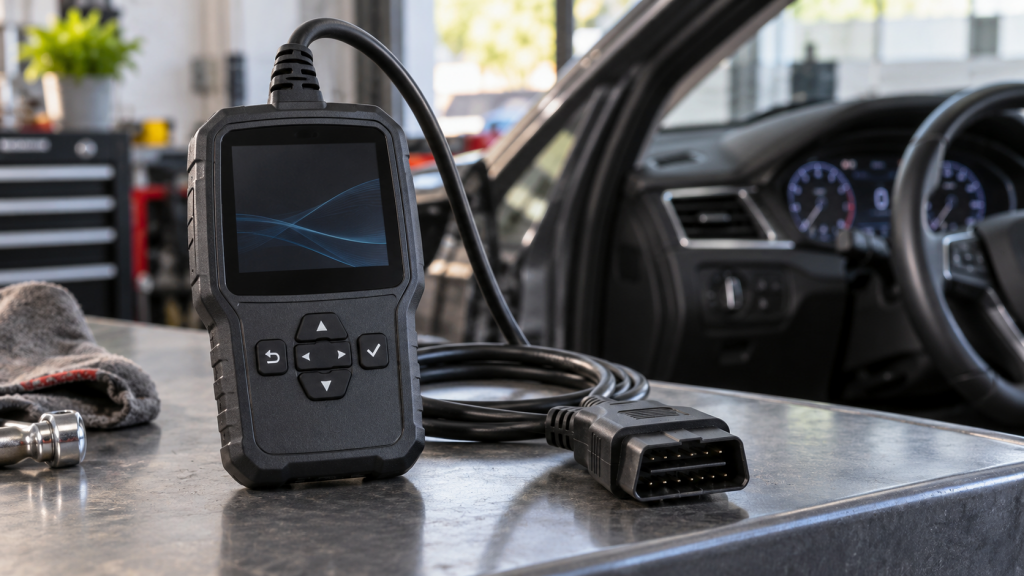 Unbranded handheld OBD-II scanner and connector on a clean automotive workbench